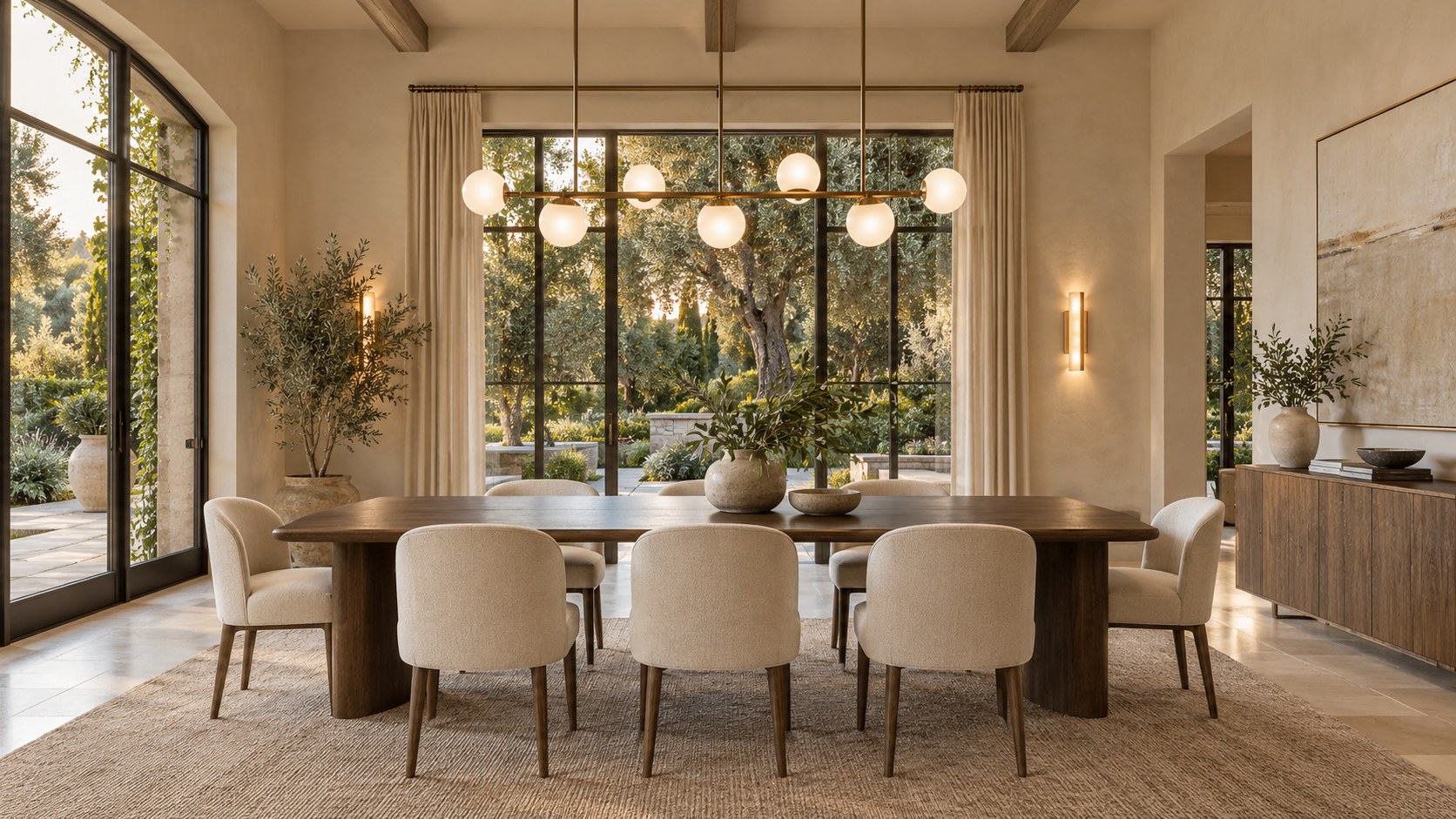 A dining room under a long chandelier