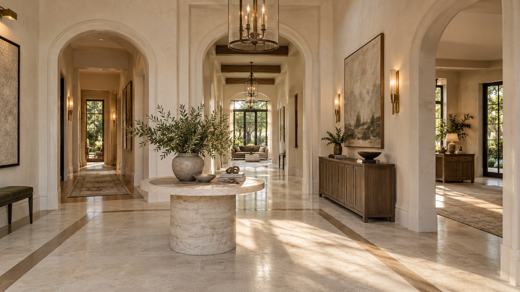 An entry hall with lanterns and wall sconces
