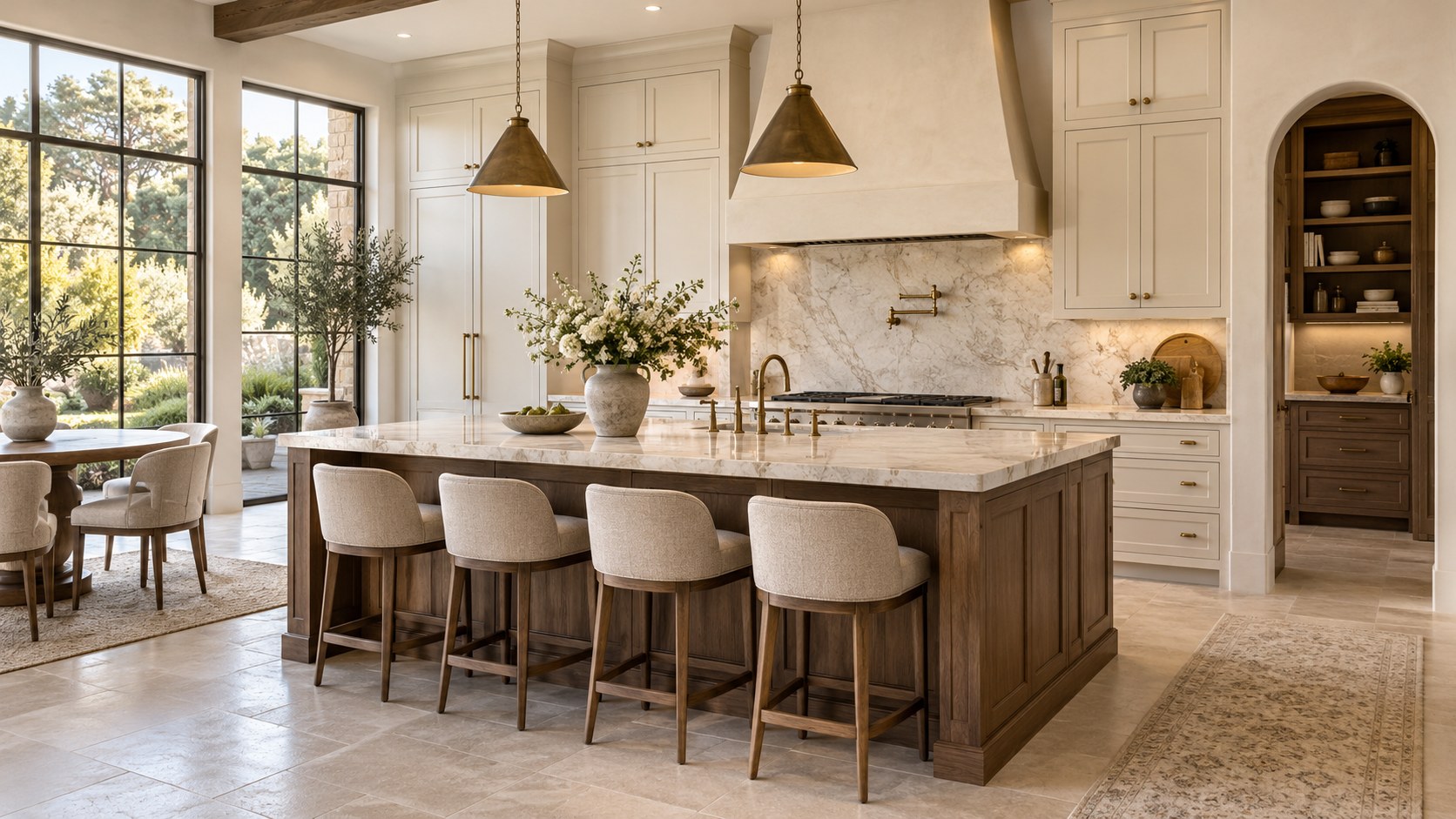 A kitchen with pendant lights over the island