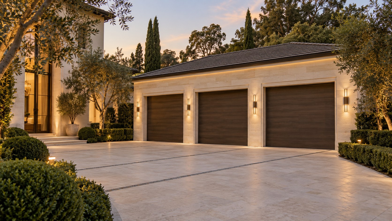The front of a house at dusk with its outdoor lights on