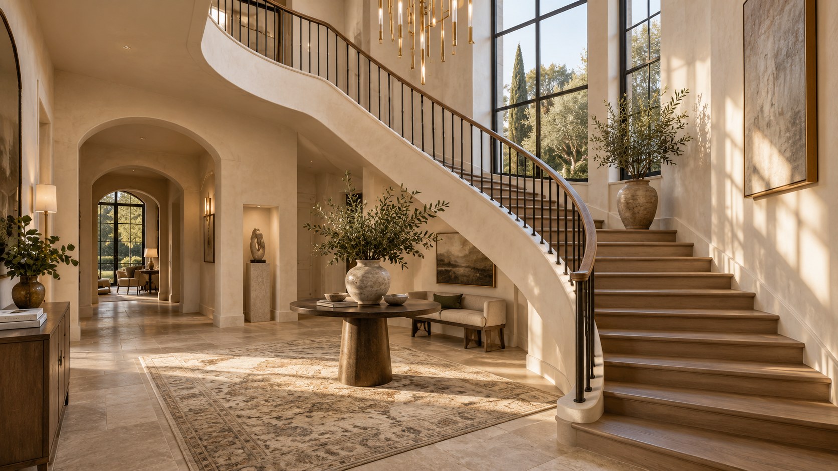 A curved staircase lit from above